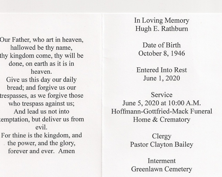 Hugh E Rathburn Funeral Prayer Card